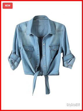 Womens Tie Front Denim Shirt Lightweight 3/4 Roll Up Sleeve Button Down